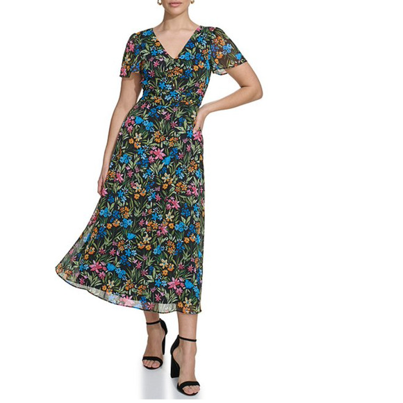 NWT Kensie Floral Print Dress Chiffon V-Neck Maxi Flutter - Picture 1 of 13